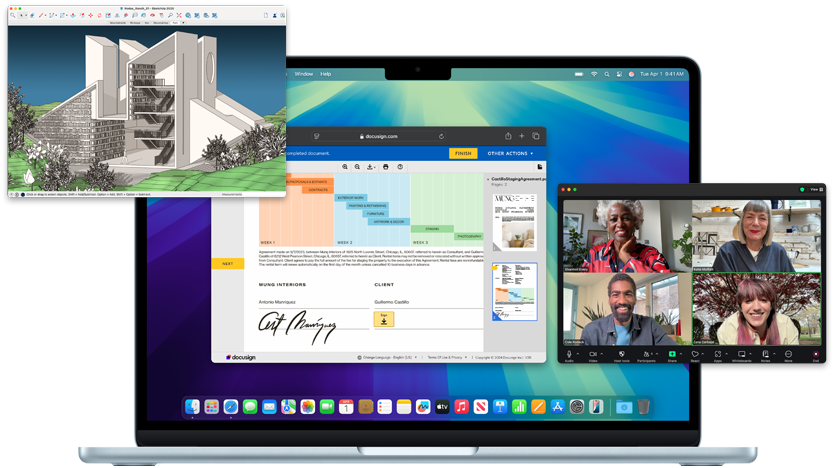 Graphs, charts, and a video call are open and active on a 16-inch MacBook Pro to demonstrate the compability of macOS with Microsoft Excel and Zoom