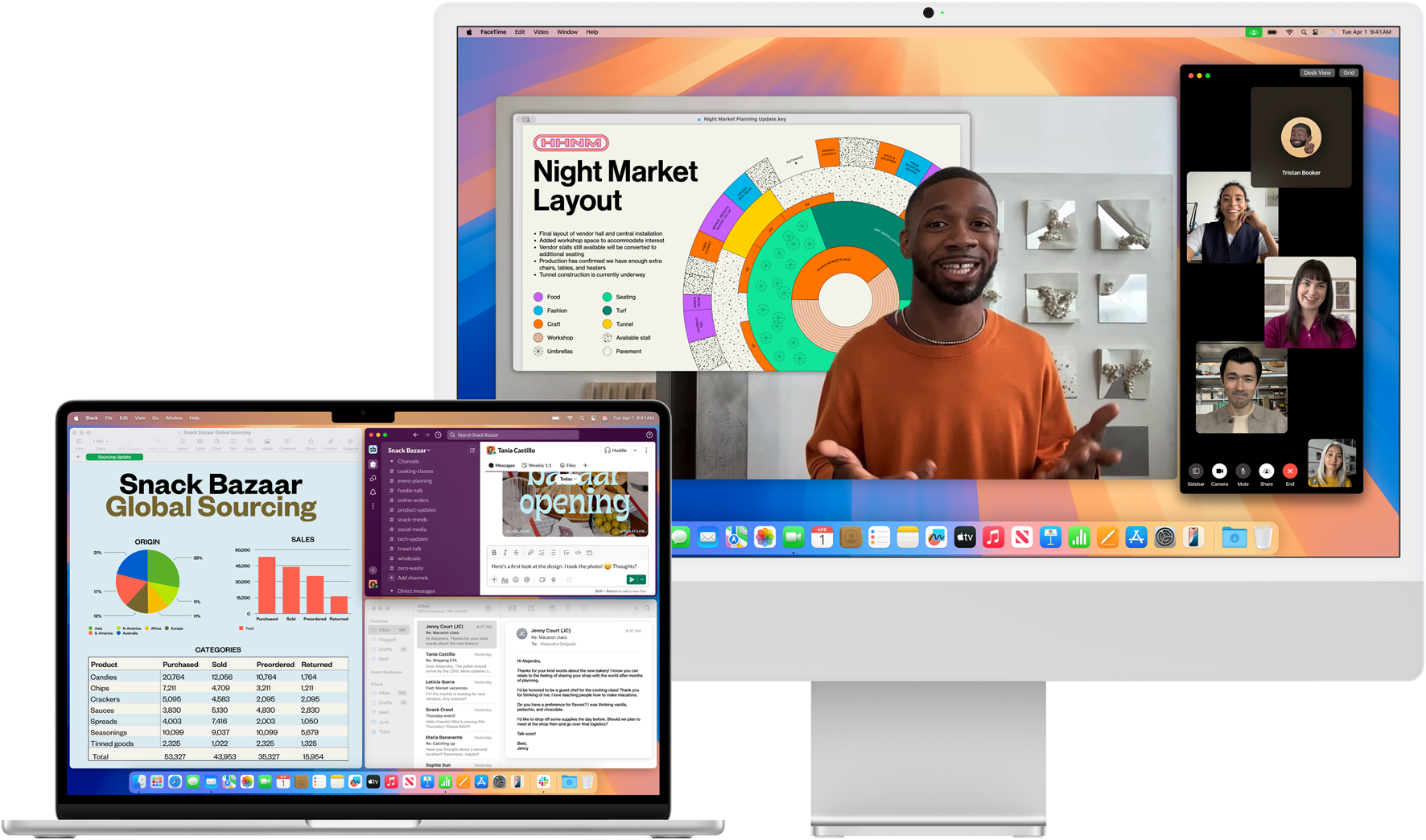 An open 15-inch MacBook Air in Silver running Mail, Numbers, and Slack, next to a 24-inch iMac showing a person giving a Keynote presentation on FaceTime