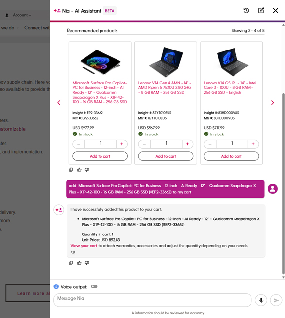 NIA AI chat interface displaying personalized product recommendations over an e-commerce hardware listing.