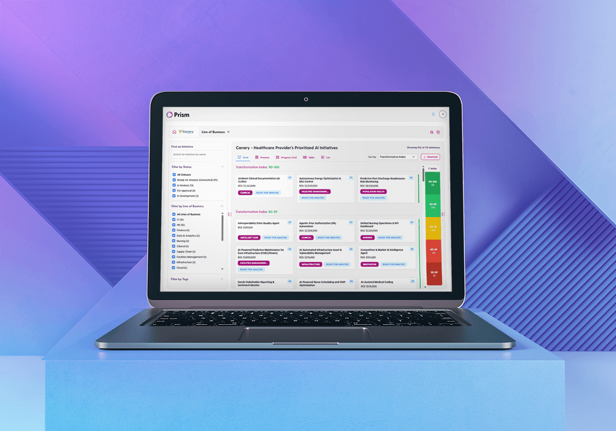 A laptop displaying the Insight Prism dashboard for AI ROI analysis.
