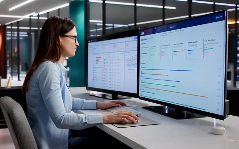 Girl on desktop looking at dashboards at work.