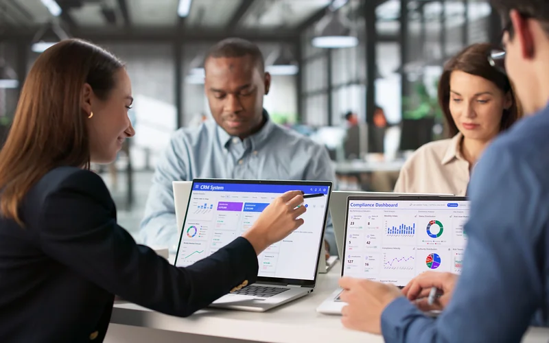 Business professional using automated workflows and self-service tools. 