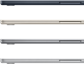 Four MacBook Air laptops, closed, showing the finish colours available: Midnight, Starlight, Space Grey and Silver