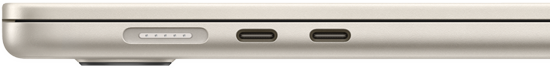 MagSafe port located on the left side, furthest back. Two Thunderbolt ports located on the left side, in front of the MagSafe port