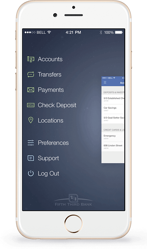 Rendering of Fifth Third Bank home screen of their mobile banking application
