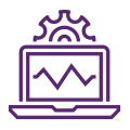 Illustrated icon data on a laptop screen with a gear behind it