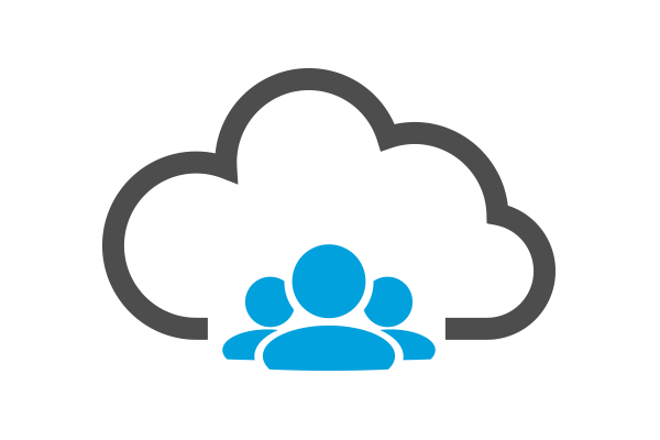 Illustration with cloud and busines employees in the bottom middle
