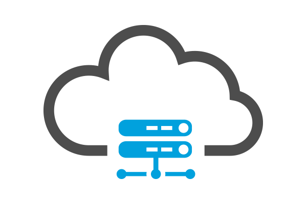 Illustration of clouds with data center in the bottom middle