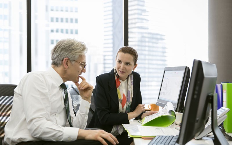 two business employees discussing at desk