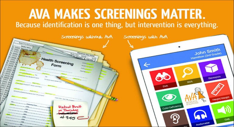 A graphic depiction of file forms all dirty and old, next to clean, clear app icons. There is also a statement that says "AVA makes screenings matter. Because identification is one thing, but intervention is everything."