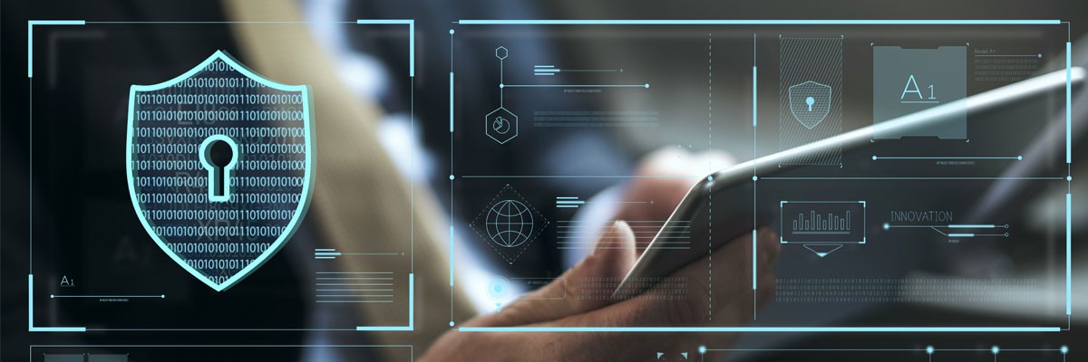 Abstract concept of cybersecurity overlayed on tablet device