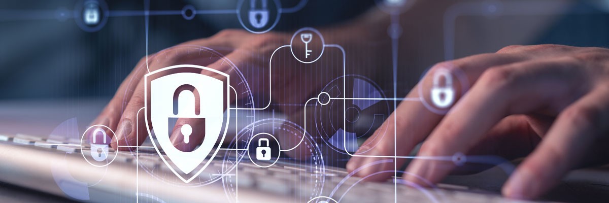 Abstract concept of security overlayed on hands typing on keyboard