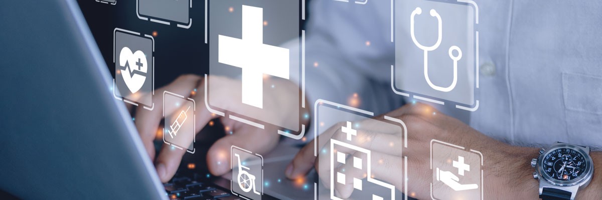 Abstract concept of healthcare security overlay on laptop computer