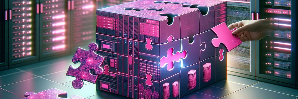 AI generated cloud computing puzzle block being put together in modern data center