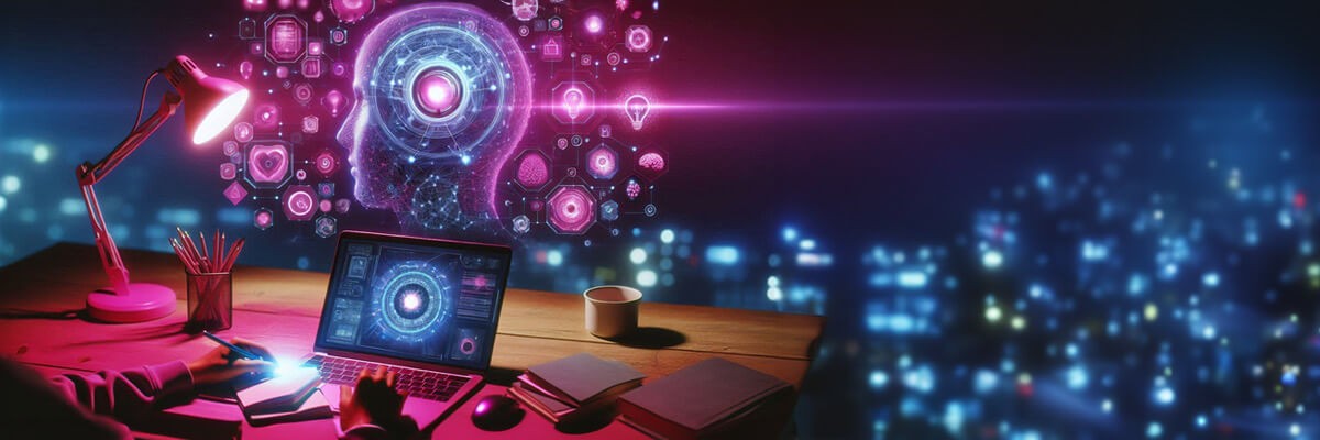 AI generated display of virtual working environment at modern computer station