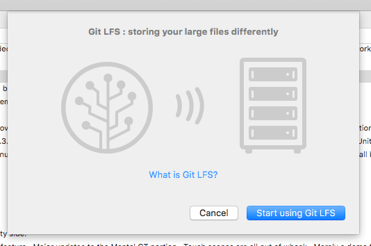 Display of opening pop up screen for Git LFS 