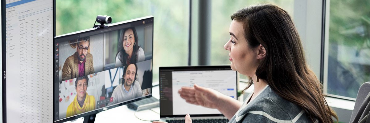 Remote working businesswoman using Microsoft Teams