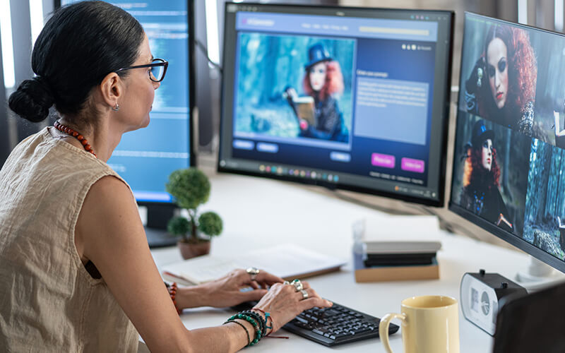 Creative designer crafts digital art in a sleek, modern tech studio.