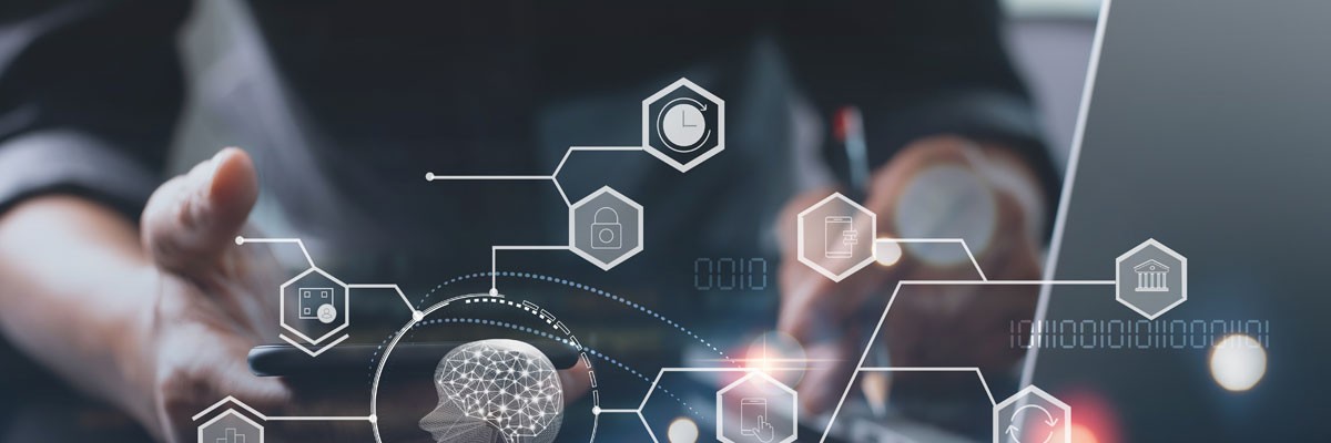 Adopting Artificial Intelligence (AI) can drive real business outcomes Abstract concept of AI overlayed on man with laptop computer