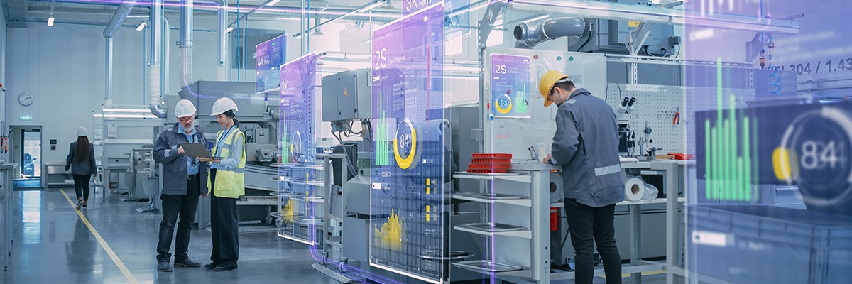 Manufacturing facility with data graphic overlay