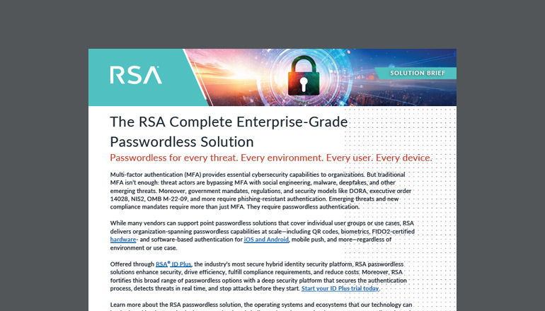 The RSA Complete Enterprise-Grade Passwordless Solution Thumbnail of solution brief available to download below