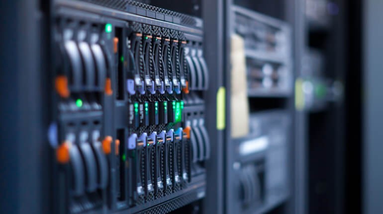 Breaking dow hyperconverged infrastructure Close up view of server switches