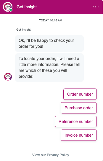 Display of order select options in Insight's Virtual Assistant Chat Agent. 