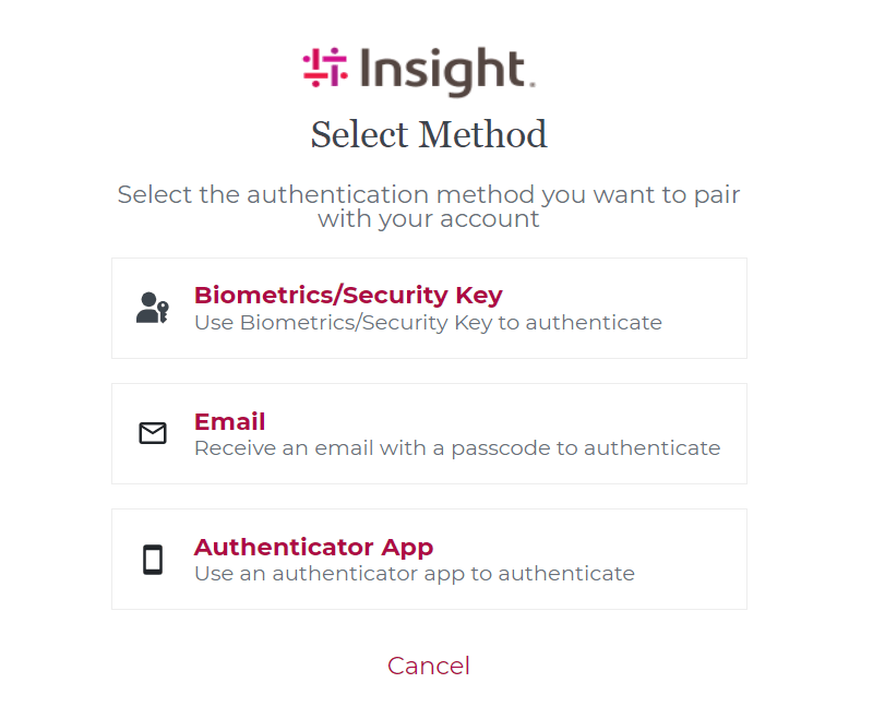 Select your authentication method of Security Key, Email or Authentication App on Insight.com Select Method screen
