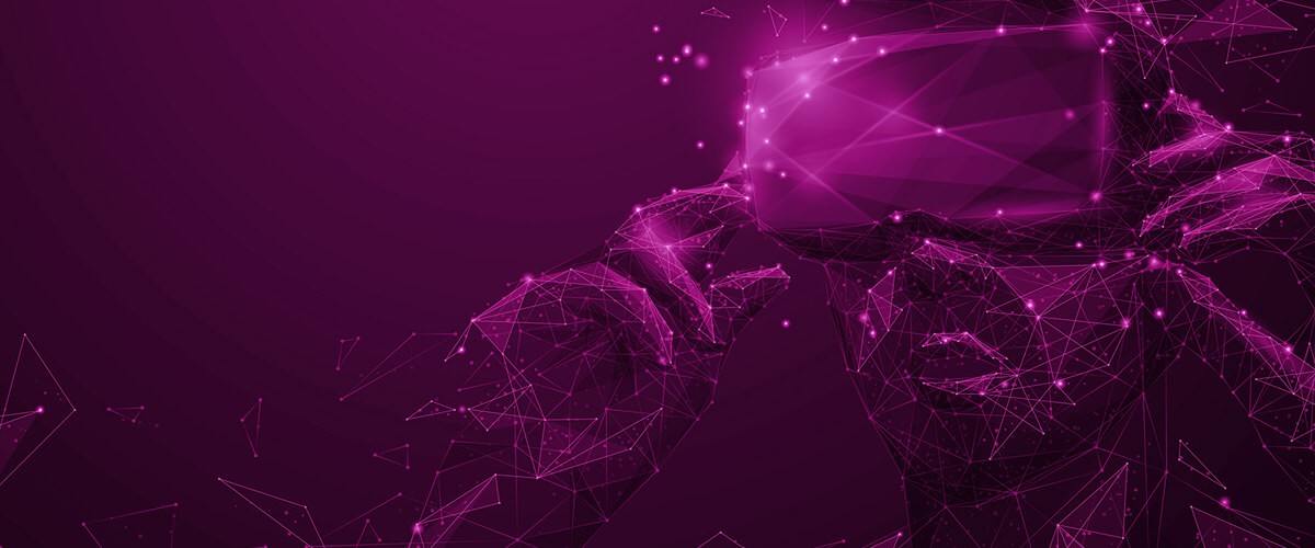 User wearing Hololens 2 glasses in AI like environment. Mixed reality,  Augmented reality, Virtual reality, AR/VR