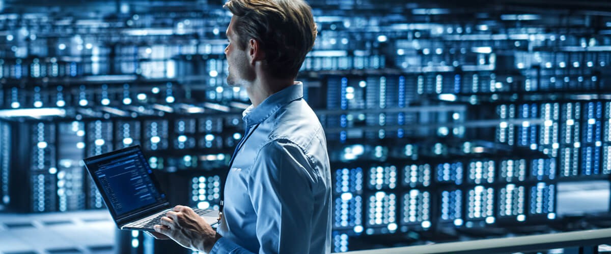 Distinguished engineers in modern server room, IT trends