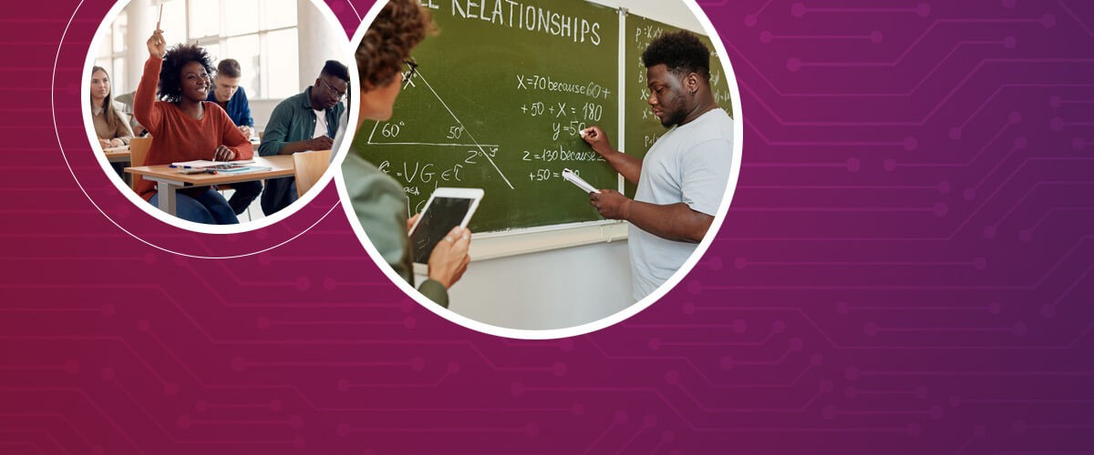 Students in classroom learning. Graphic of Insight teammates Tech From the Heart, College algebra success rate, College algebra prep, Howard University math 