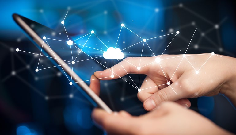 Abstract concept of cloud and data on a tablet device