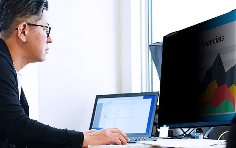 Man on laptop and monitor with magnetic filter