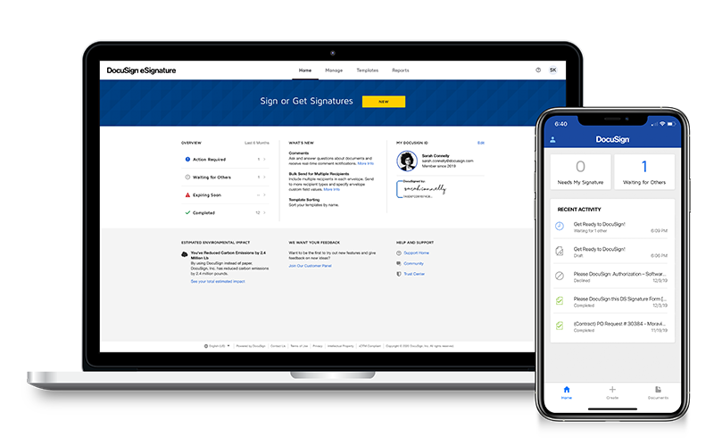 DocuSign signature software displayed on notebook and smart phone devices